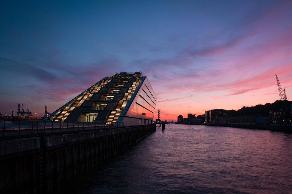 dockland, hamburg, port, architecture, elbe, nature, water, sunset, dusk, twilight, afterglow, city, germany, modern building, modern architecture, panorama, harbour area, cranes